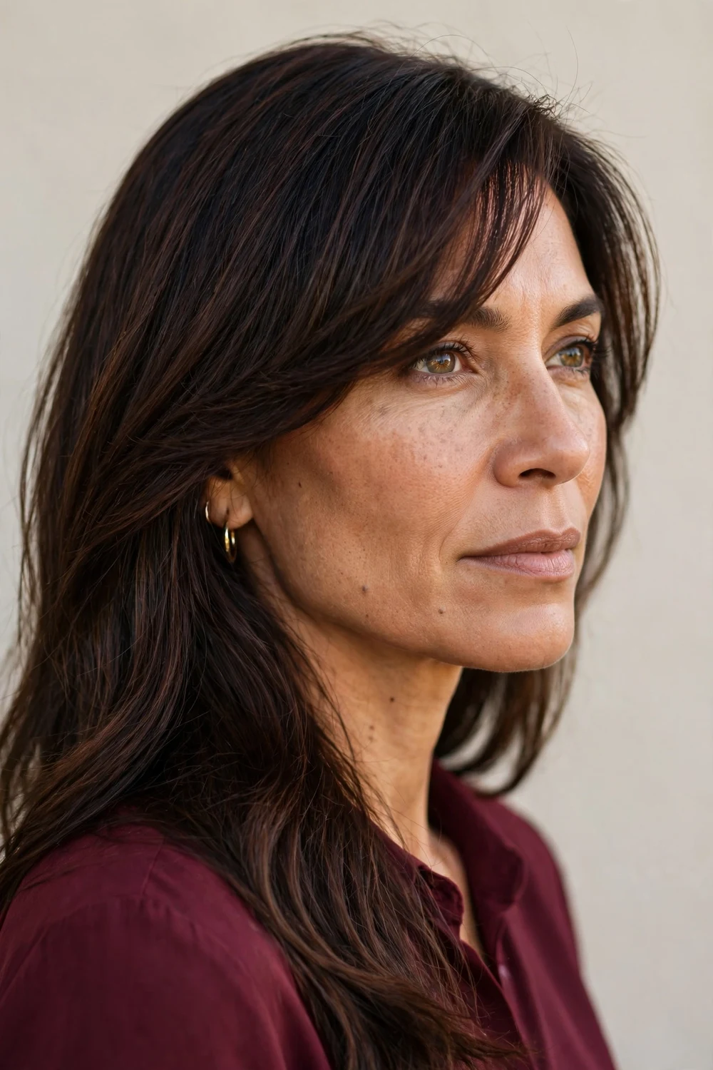 Long side-swept bangs crossing the forehead on a square face