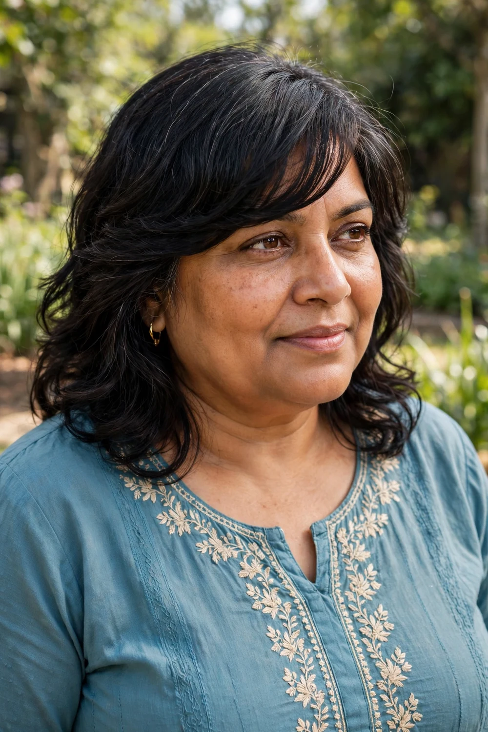 Plus-size South Asian woman in her late 40s with mid-length hair and a long side-swept fringe