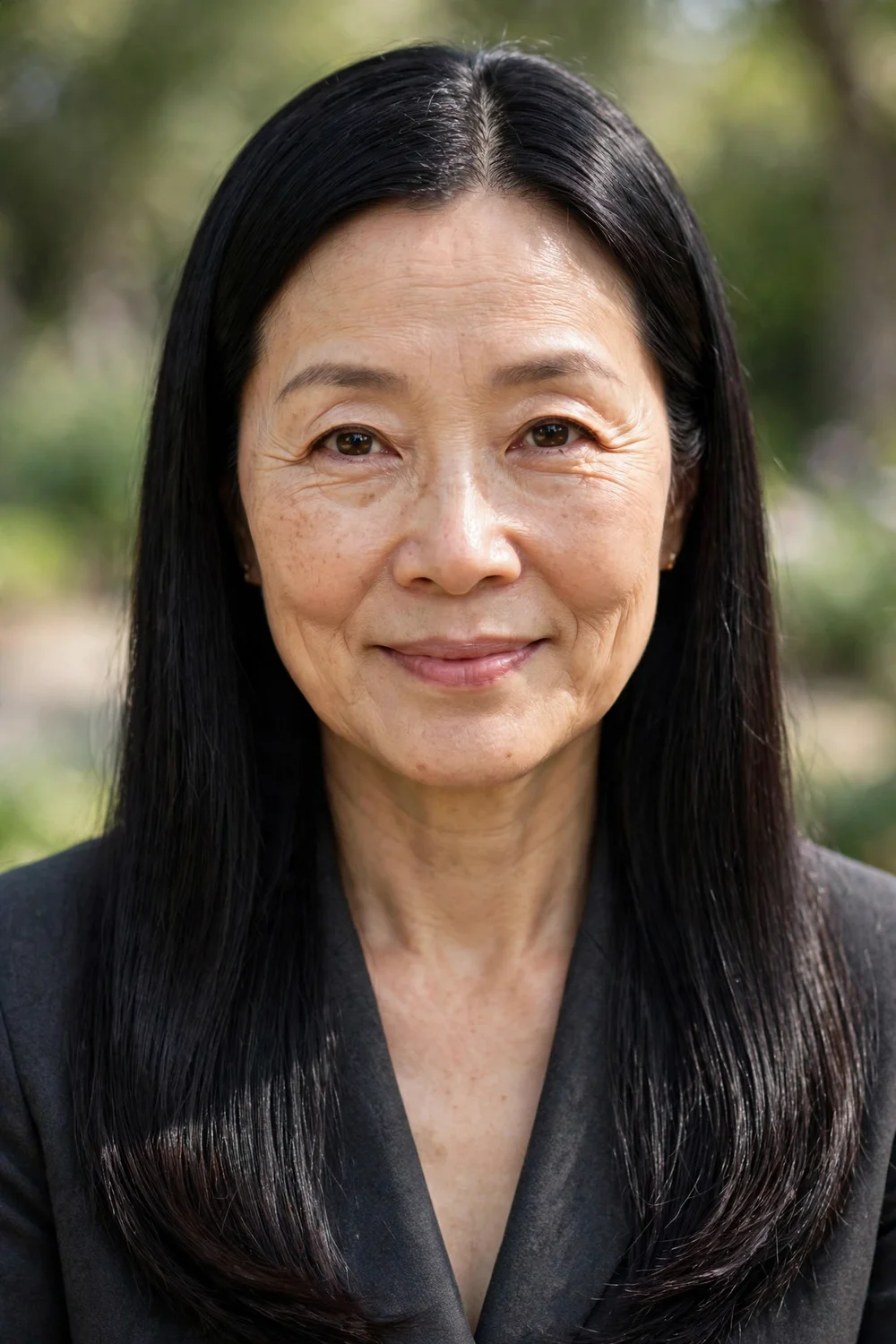 East Asian woman in her mid 50s with sleek glassy straight jet-black long hair