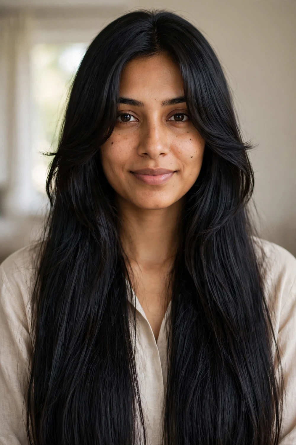 Long straight hair with draping curtain bangs on fine hair