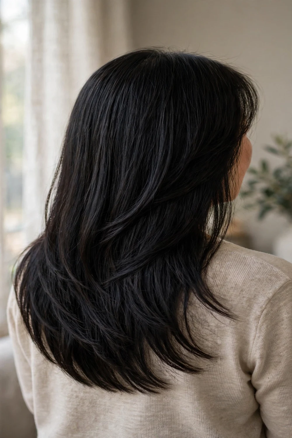 Woman over 50 with long straight layered hair