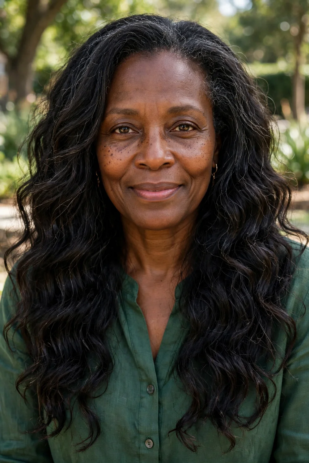 Black woman in her mid 50s with long textured natural hair in soft defined waves
