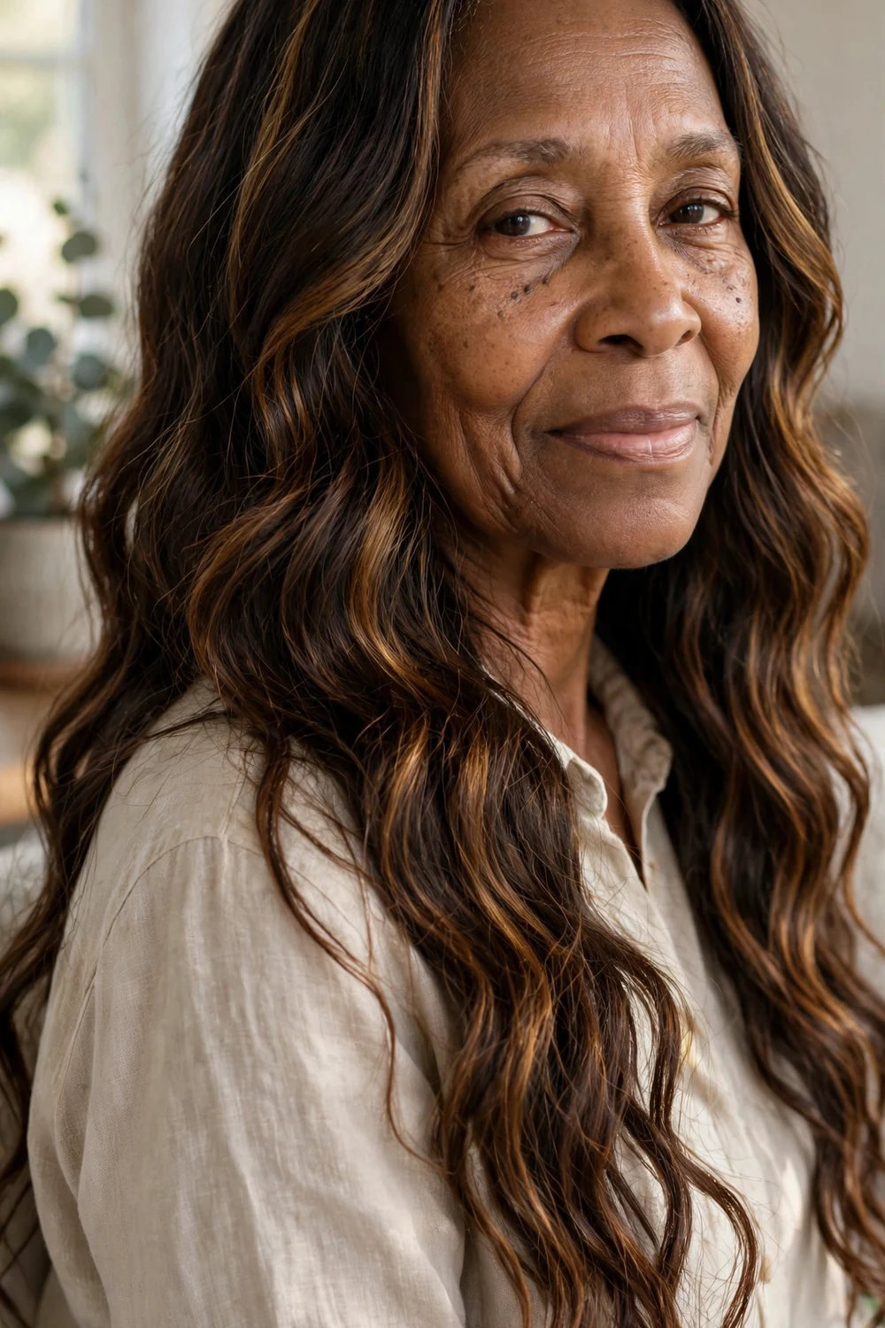 Woman over 60 with long textured waves falling past the shoulders