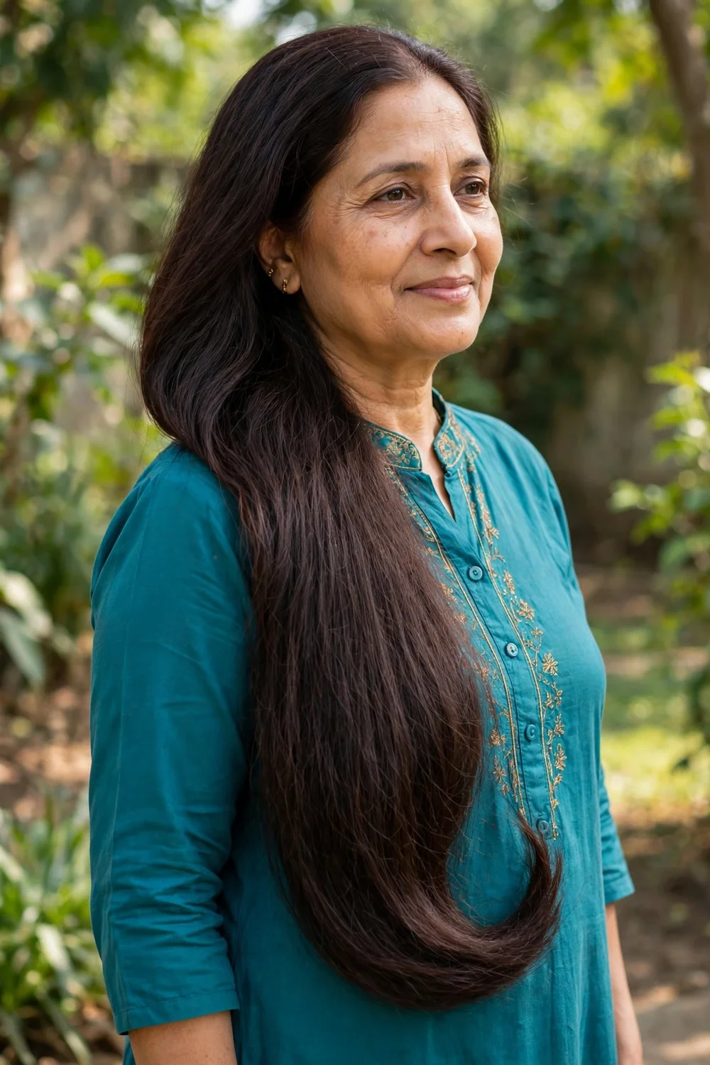 South Asian woman in her late 50s with very long dark-brown hair in a rounded U cut