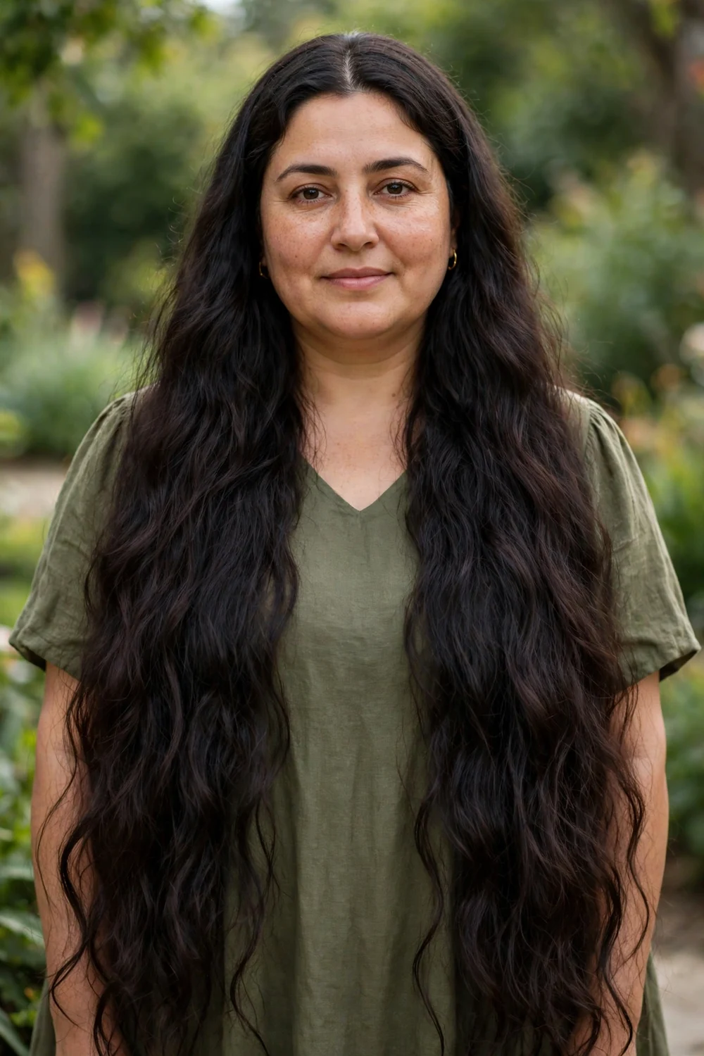 Woman with a round face and long dark wavy hair past the waist with a clean center part