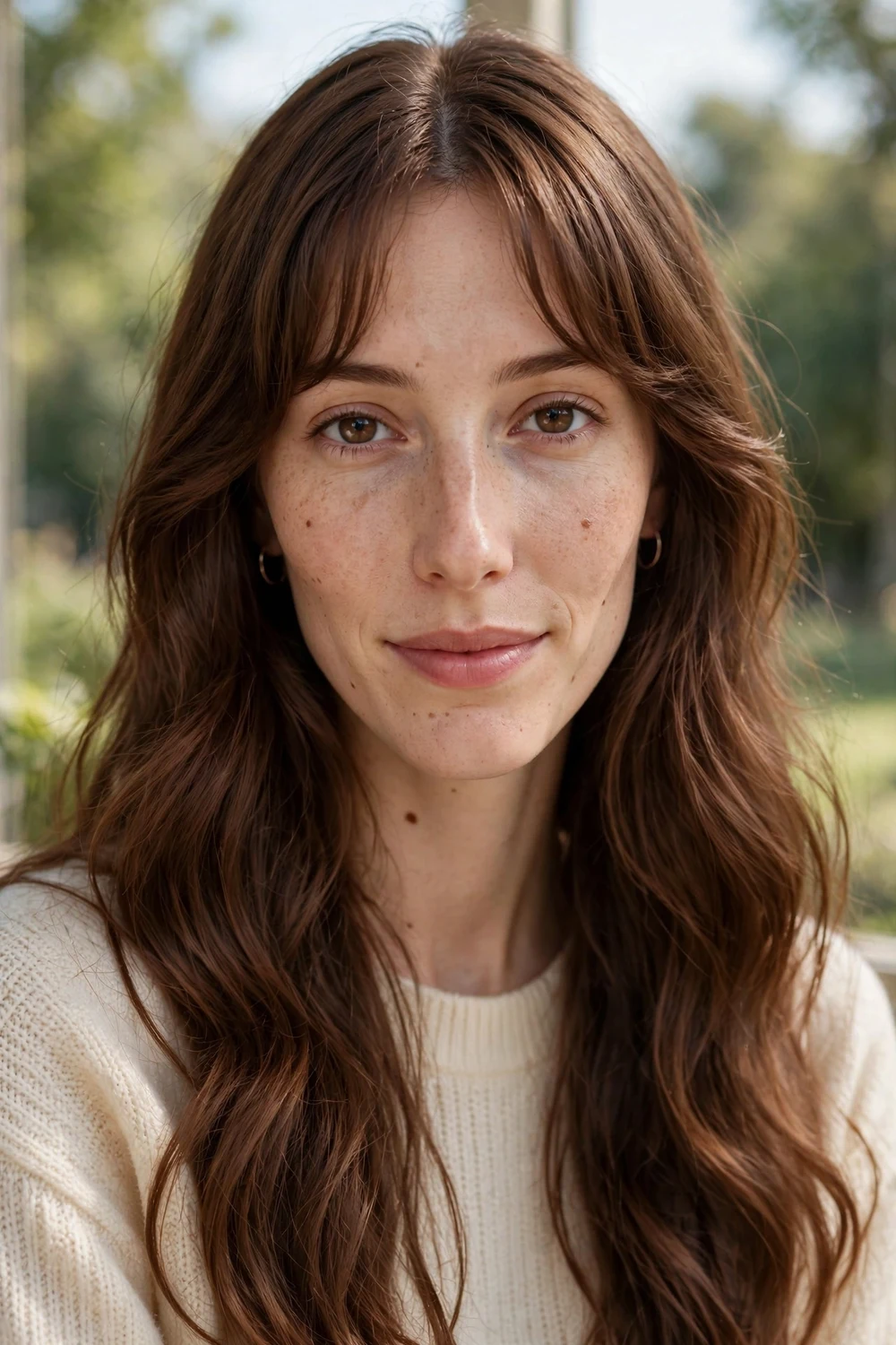 Woman with a long oval face wearing long flowing waves with curtain bangs parted in the middle