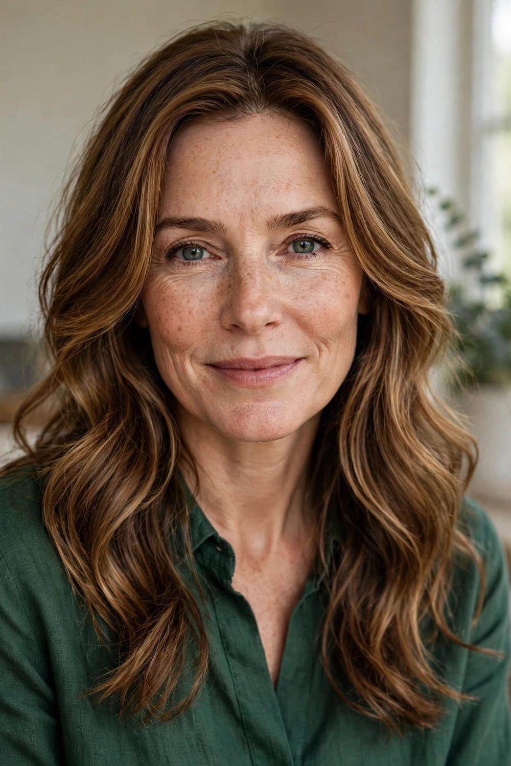 Woman in her late 40s with freckles and long caramel-brown waves with face-framing layers