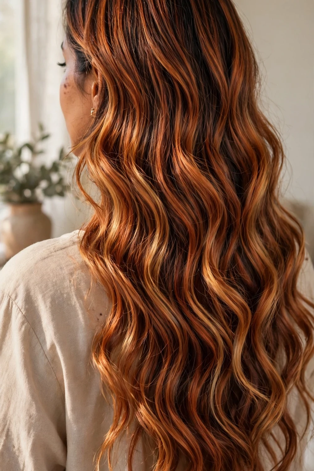 Long wavy cowboy copper balayage showing auburn and golden tones