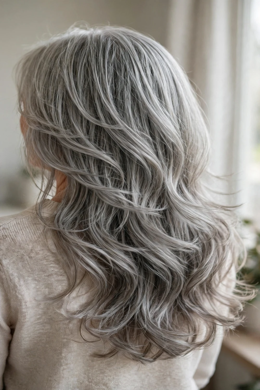 Woman over 50 with long flowing wavy layered hair