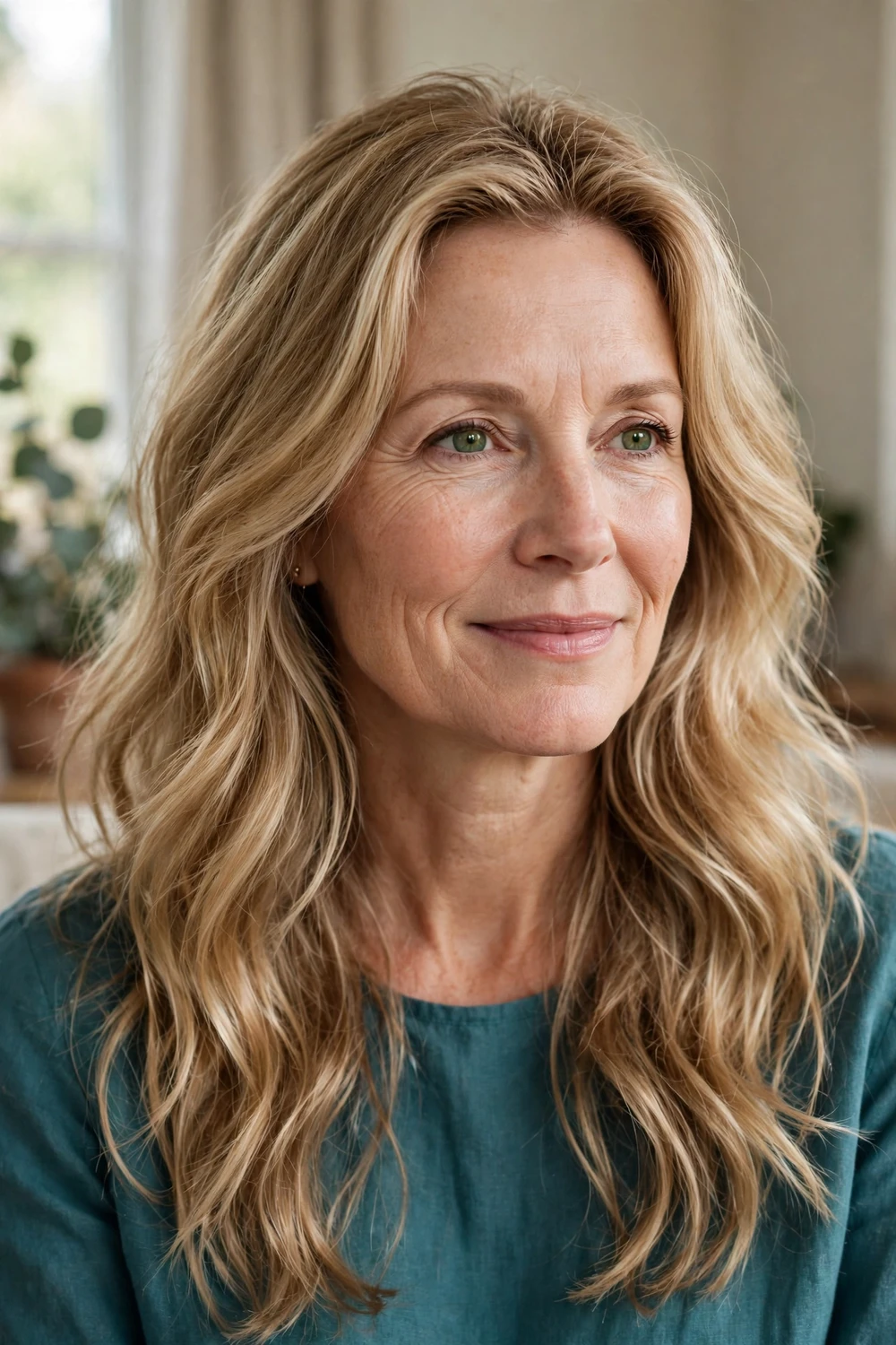 Woman in her early 50s with fair skin and long honey-blonde wavy layers with soft lift at the crown