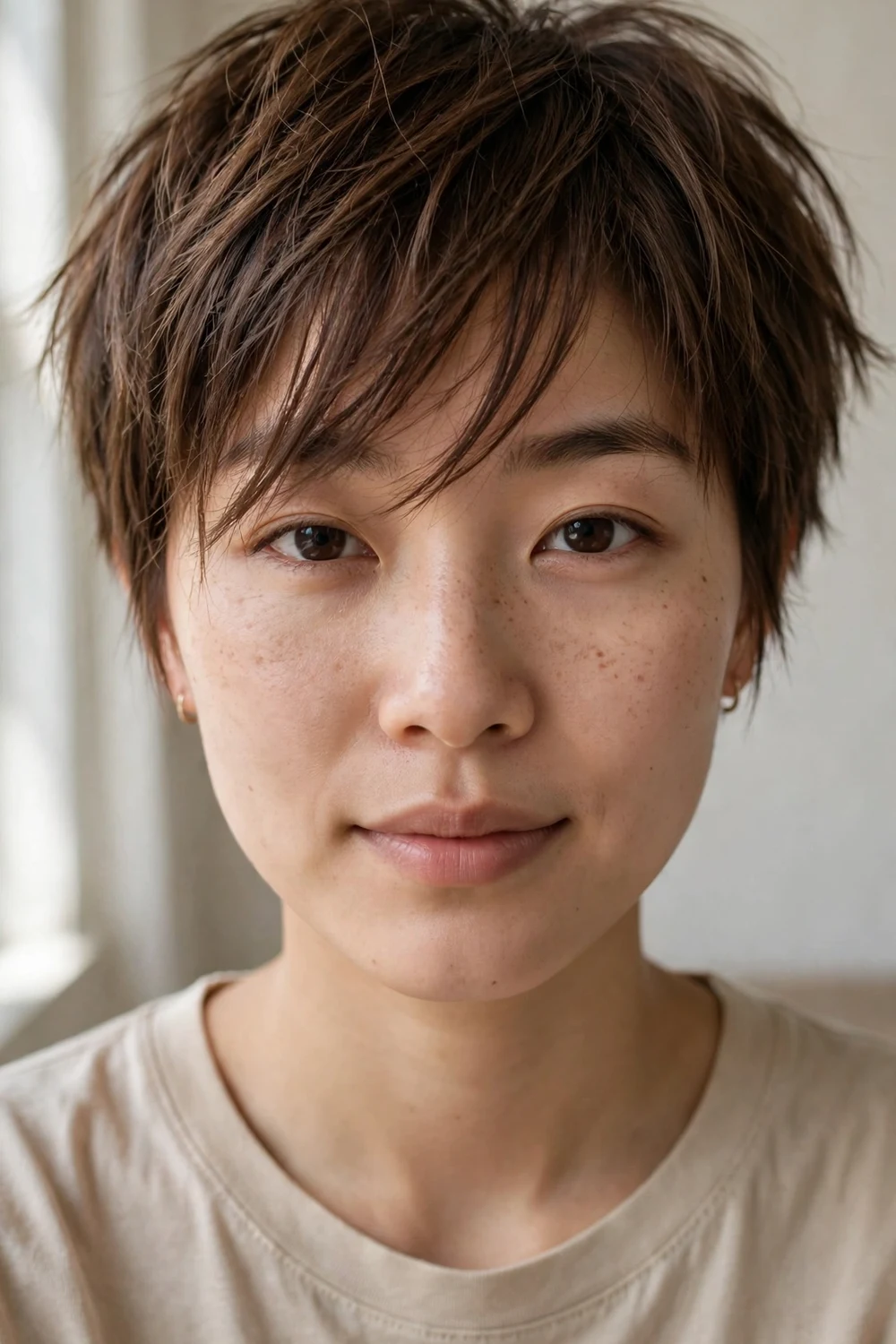 Choppy pixie with long wispy razor-cut bangs swept across the forehead