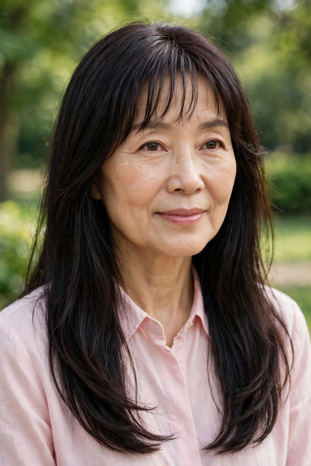 East Asian woman in her late 50s with long straight dark hair and delicate wispy bangs