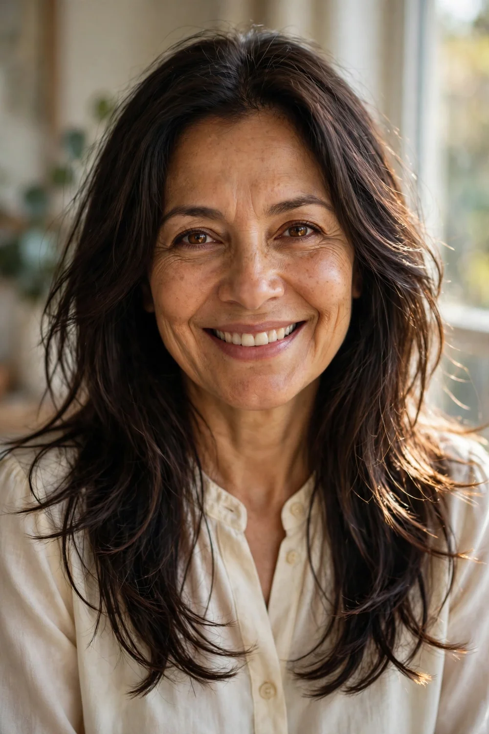 Latina woman in her late 50s with long dark-brown hair in wispy airy layers