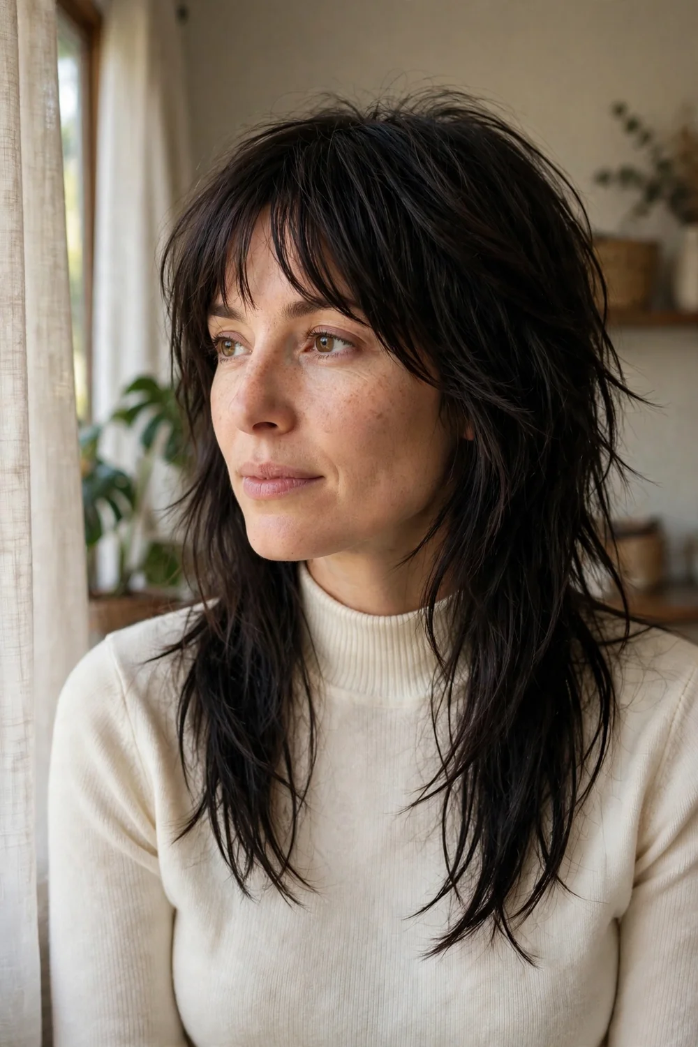 Long wolf cut hairstyle with curtain bangs and face-framing layers