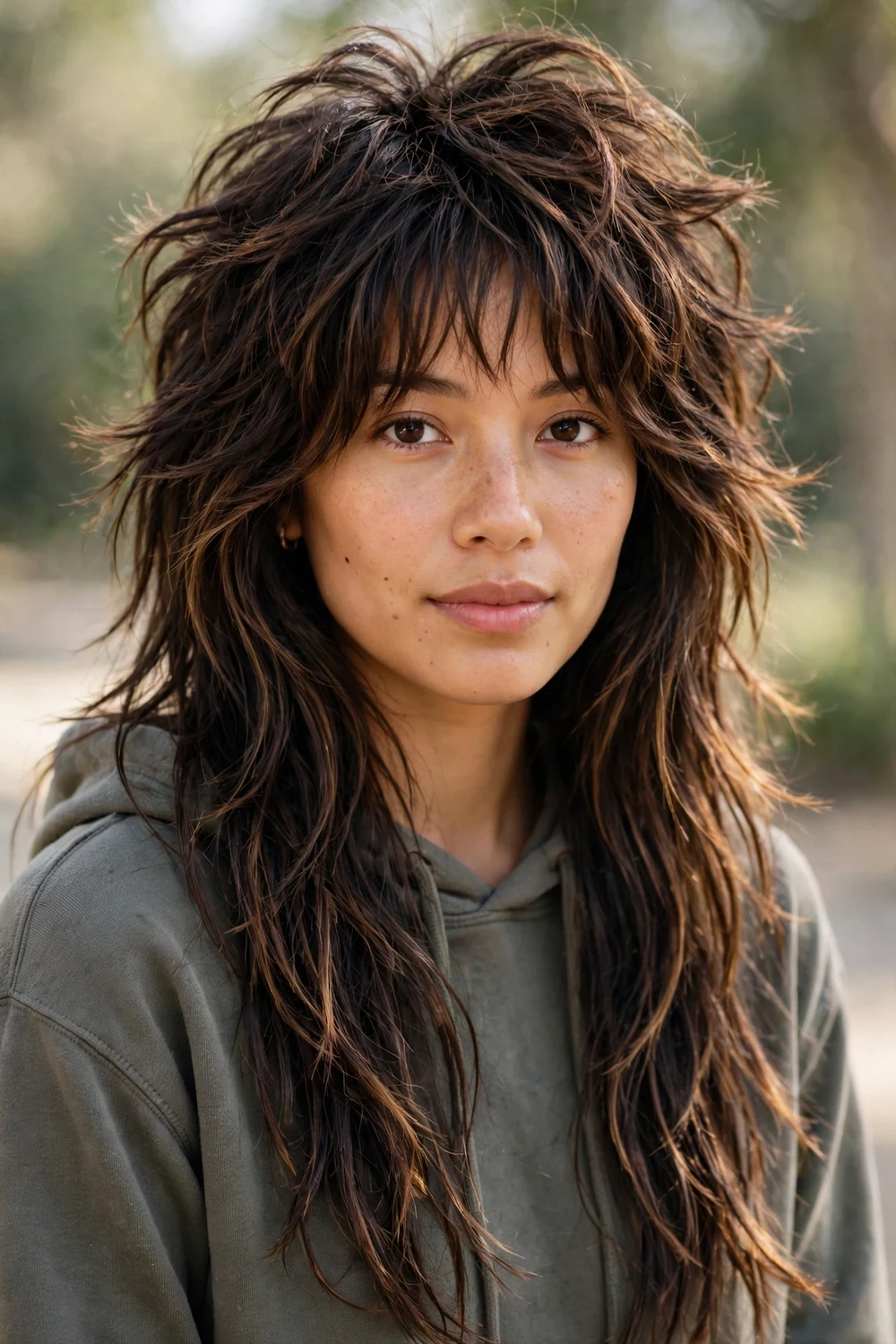Woman with long dark red hair in a long wolf cut with shaggy layers, three-quarter view