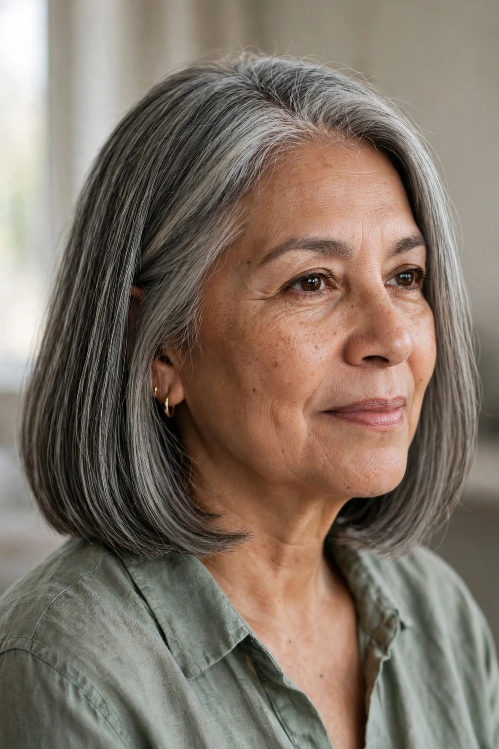 Longer grey bob hairstyle during gray hair transition