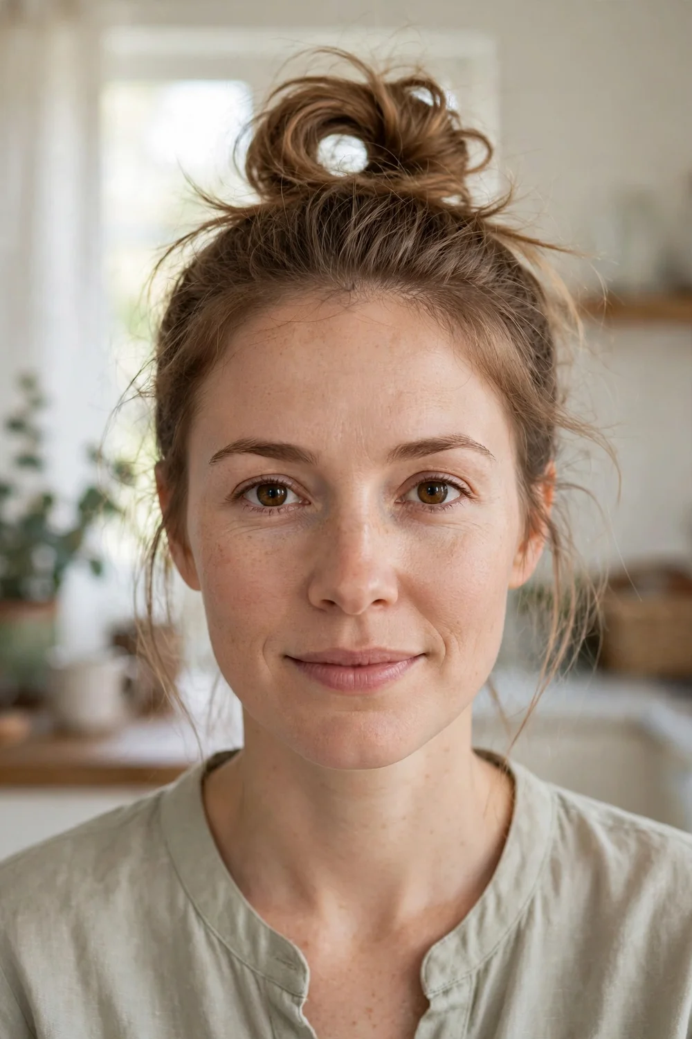 Woman with a loop-pull bun updo that adds fullness to thin hair