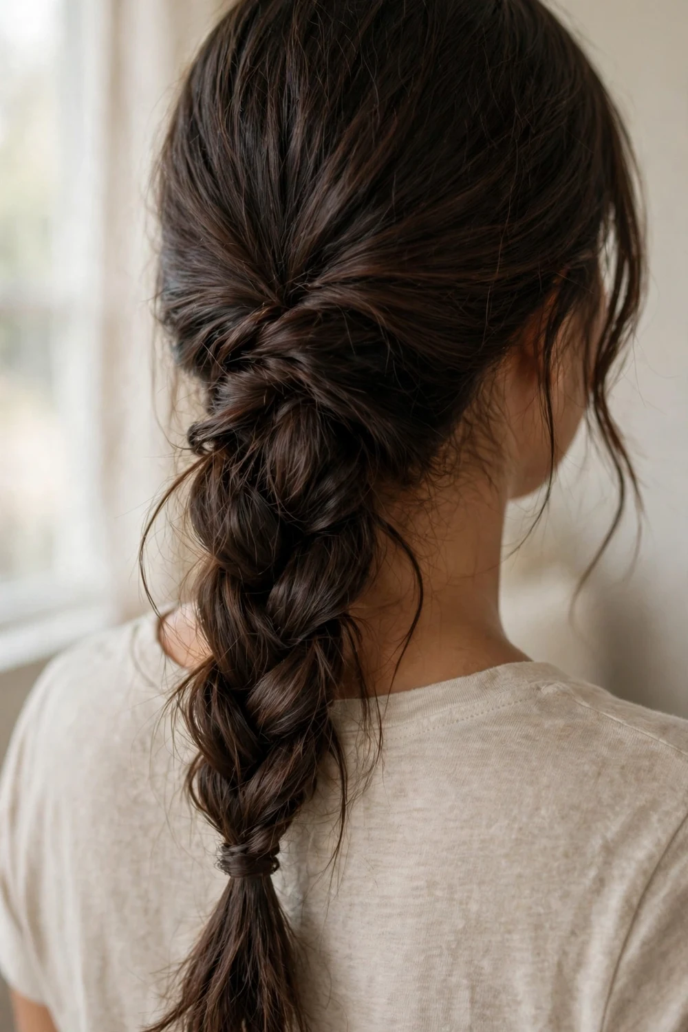 Woman with loose braided ponytail for Christmas long hair