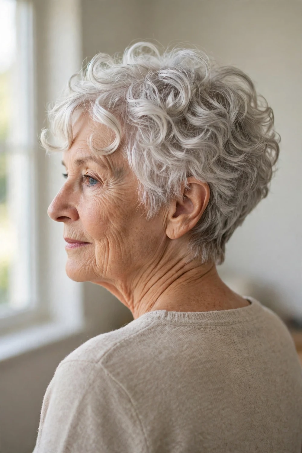 Older woman with a loose-curl pixie, soft curling-iron waves over a short cut