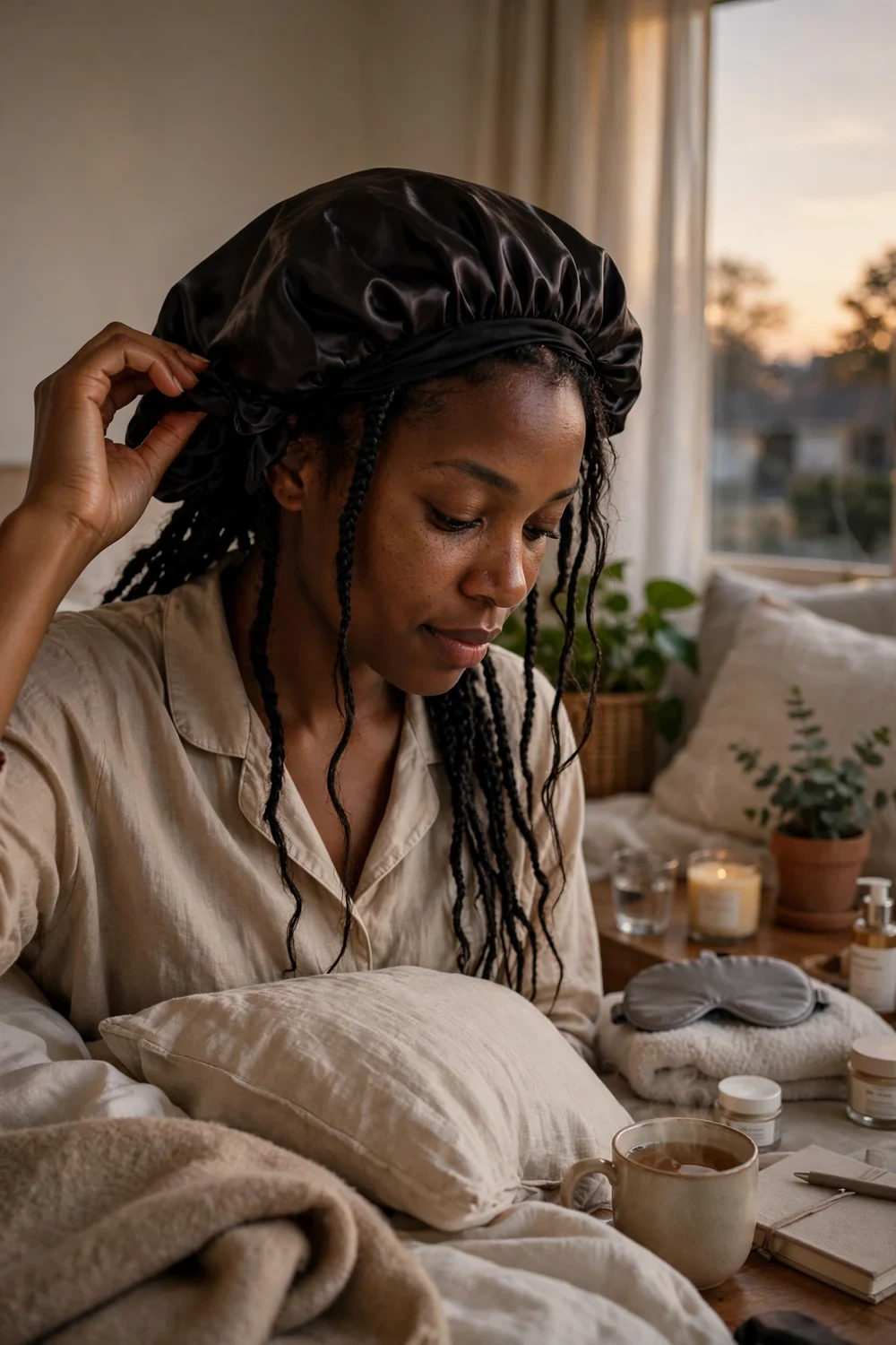 Woman with loose low-manipulation braids covered by a satin bonnet at night