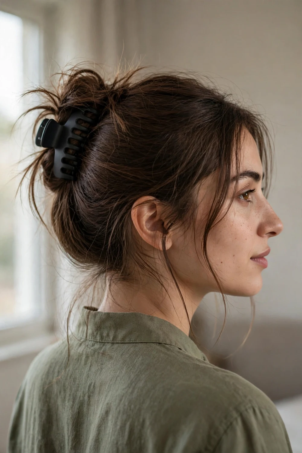 Loose messy bun with matte black claw clip and soft wisps on thin fine brown hair