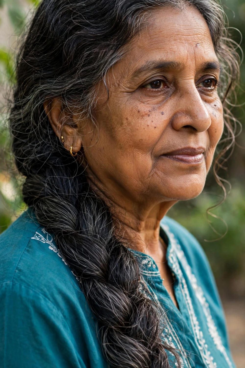 Woman in her 60s with loose side braid over one shoulder, side view
