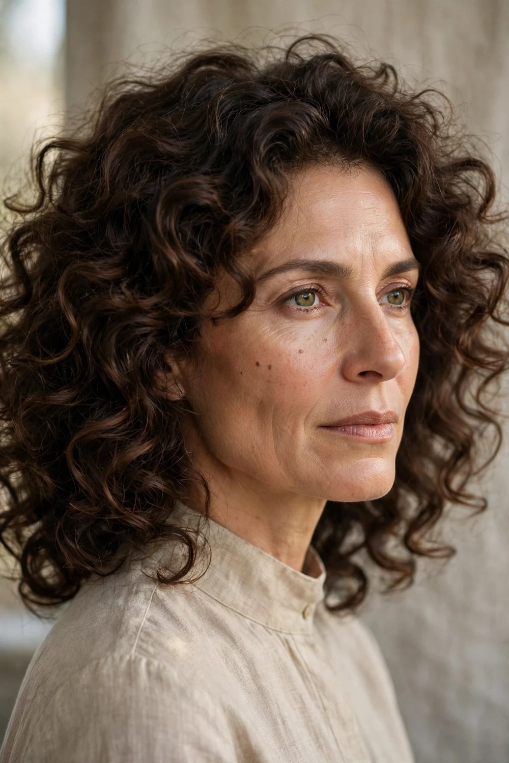 Loose voluminous curls through the lengths on a woman with a square face