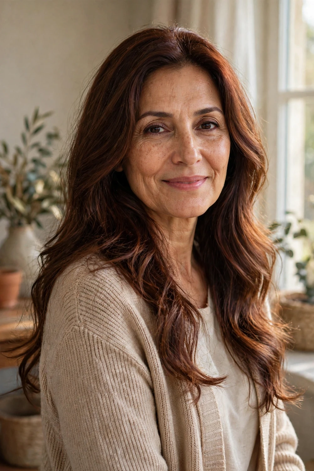 Middle Eastern woman in her mid 40s with loose dark auburn waves and feathered ends