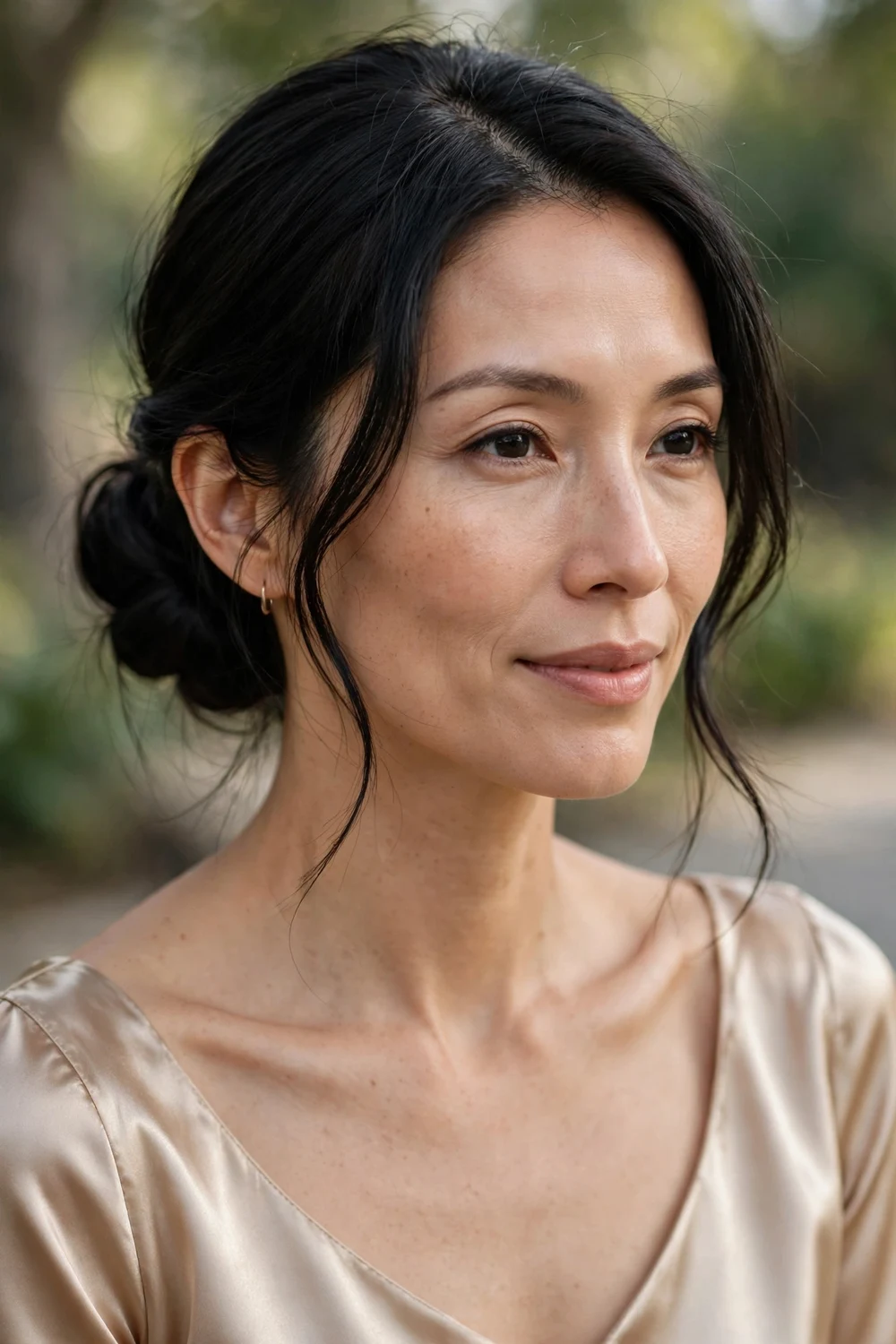 Woman with a long oval face wearing a low bun at the nape with a deep side part and soft face pieces