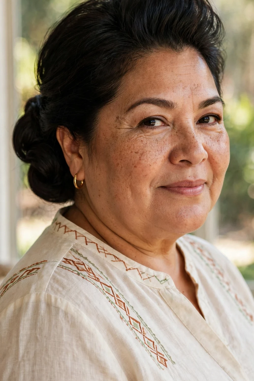 Plus-size Latina woman in her early 50s with a low chignon and lifted crown volume