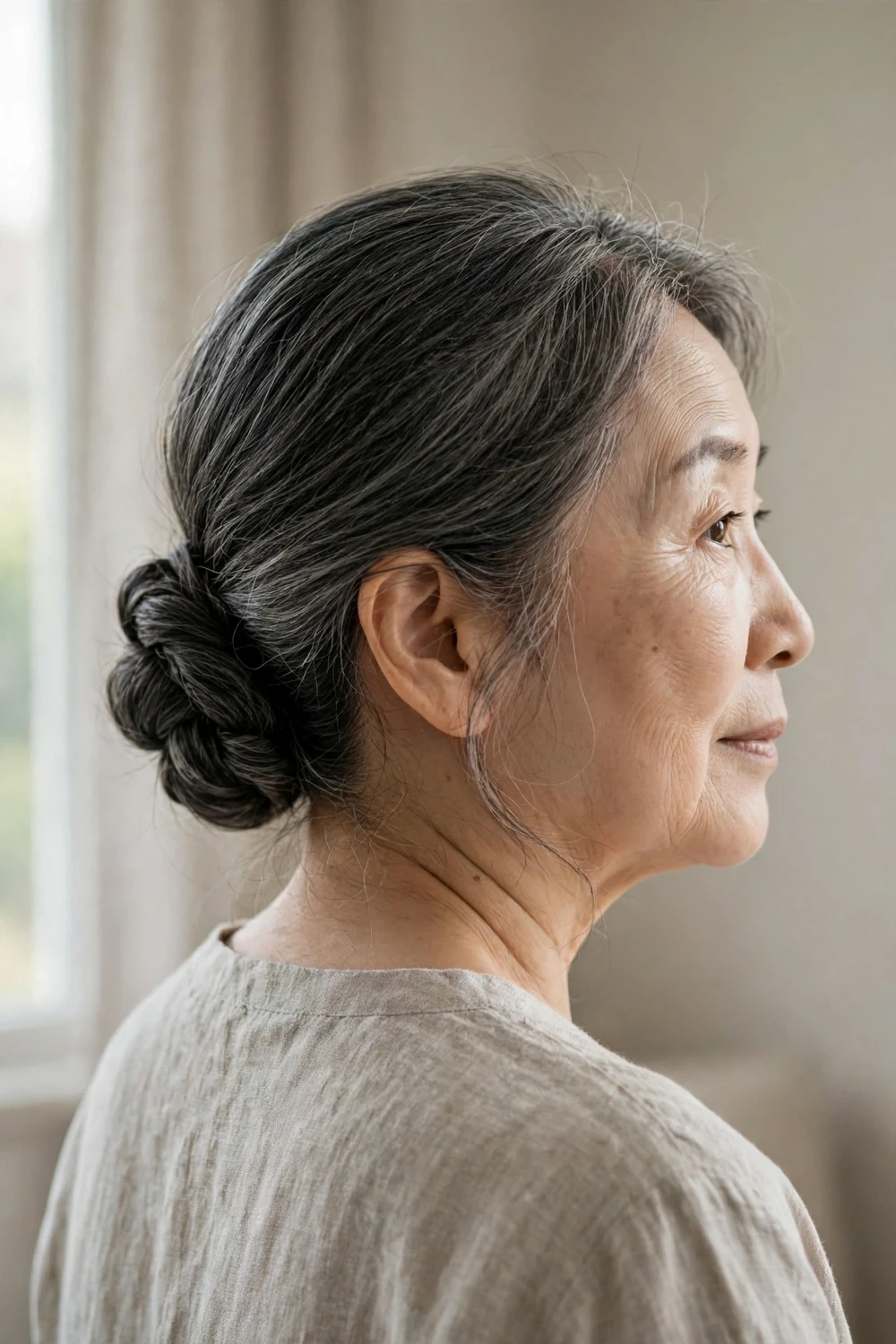 Woman over 60 with low chignon bun at the nape of the neck