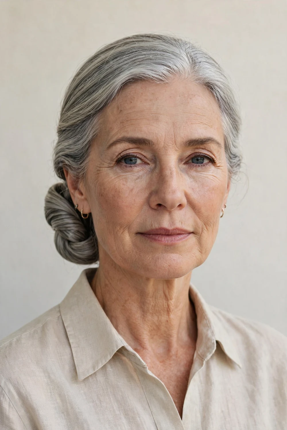 Mature woman with silver-gray hair in a classic low chignon, smooth twisted bun pinned at the nape of the neck