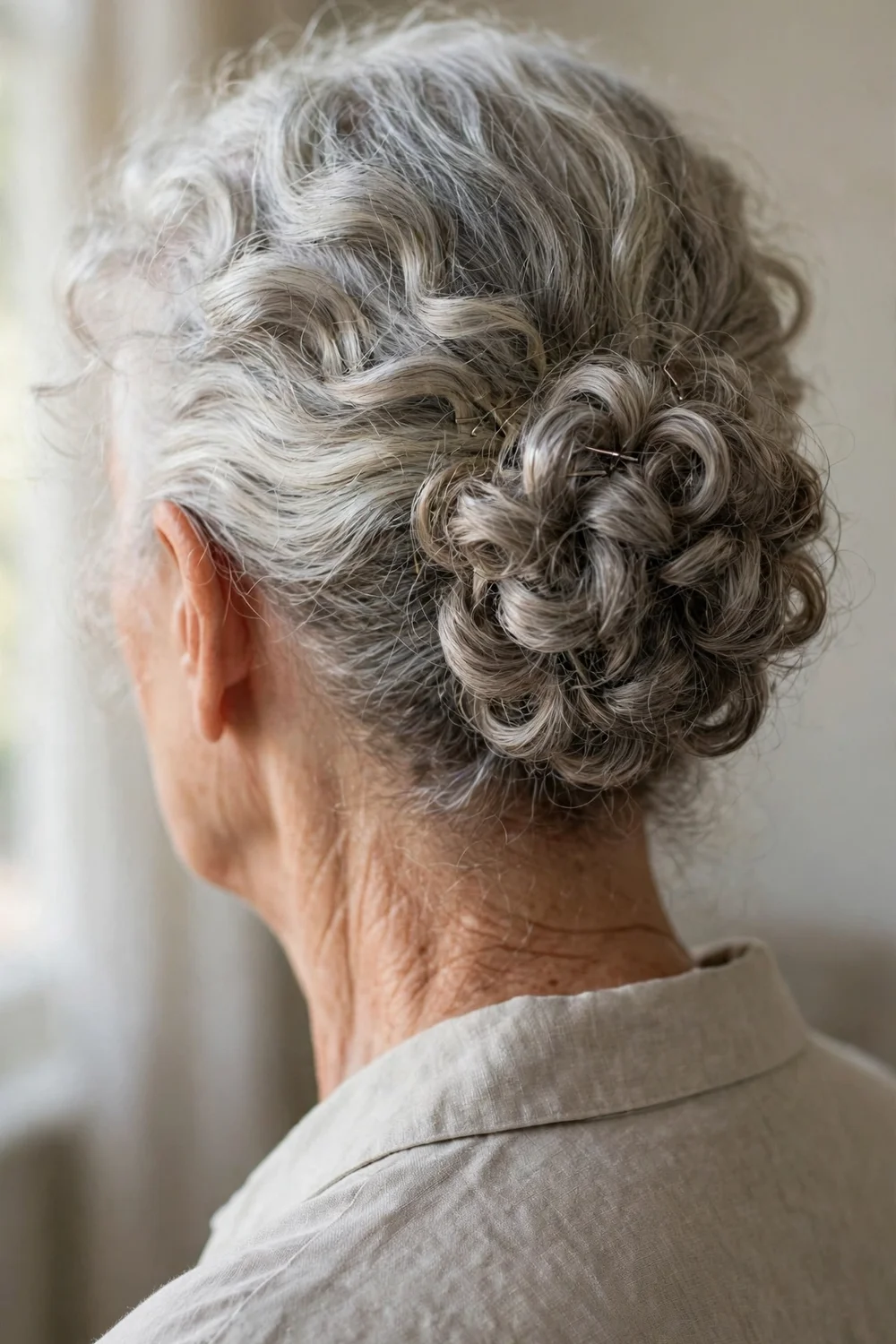 Older woman with a low soft curly bun