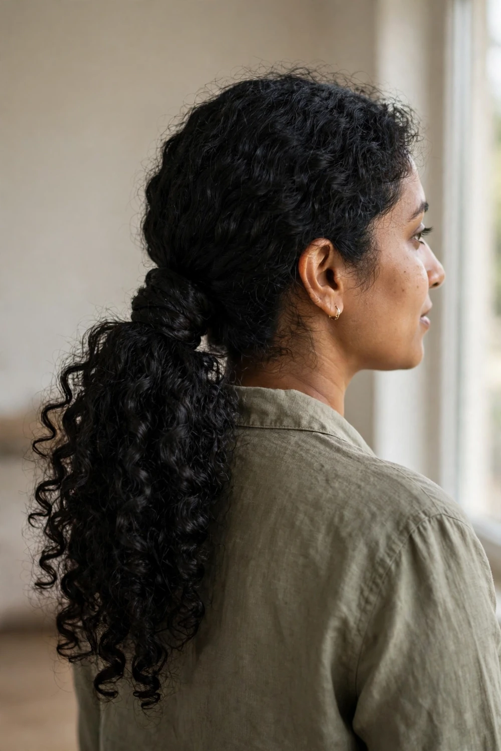 Woman with a low curly ponytail on thick hair