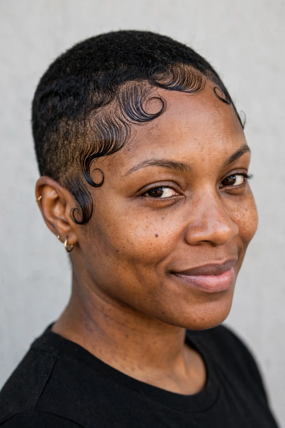 Black woman with a low cut and smoothly laid baby hairs along the hairline