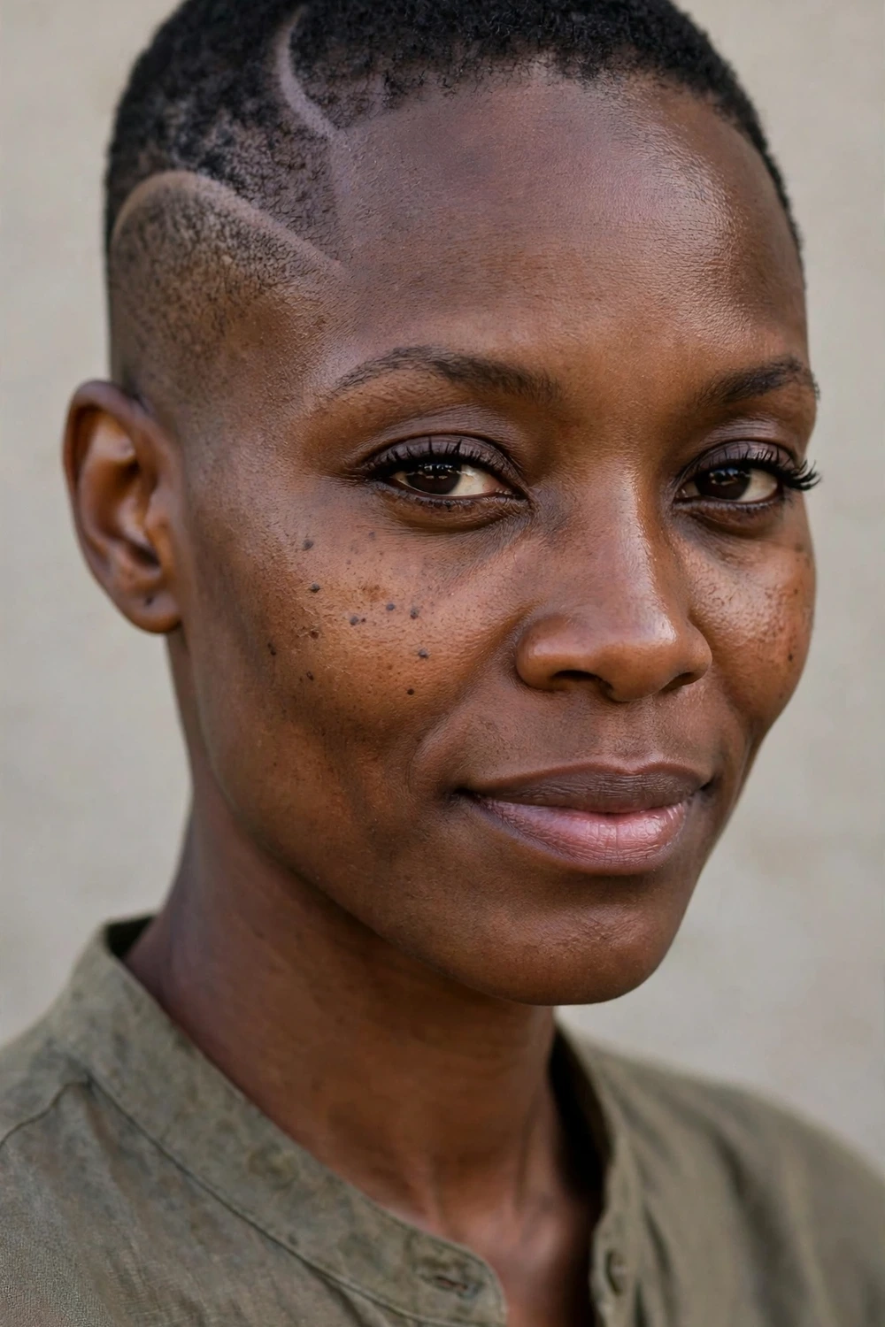 Black woman with a low cut featuring a curved shaved line design on the side