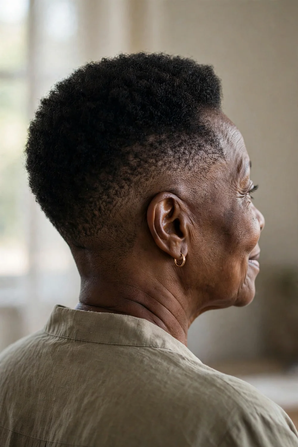 Older Black woman with a low fade blended into a rounded crown