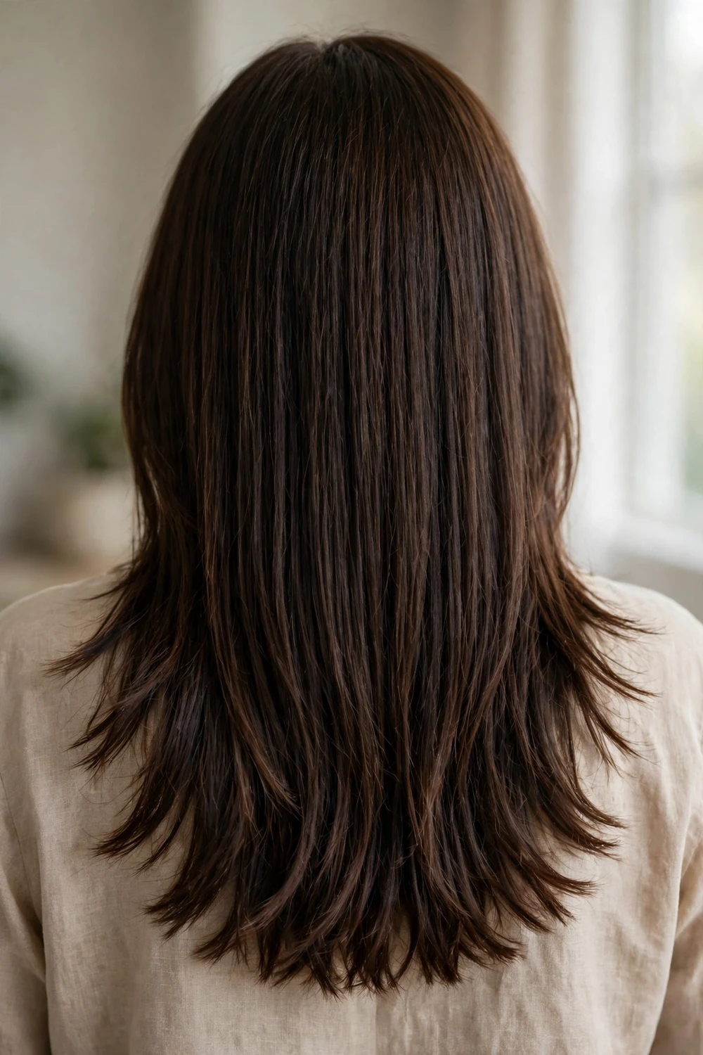 Armpit-length haircut with textured ends on a woman over 50
