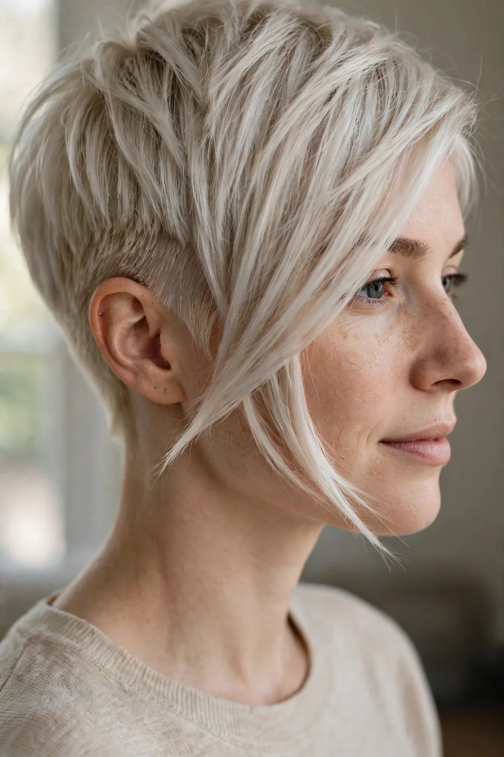 Asymmetric pixie with one side shorter and long angular bangs