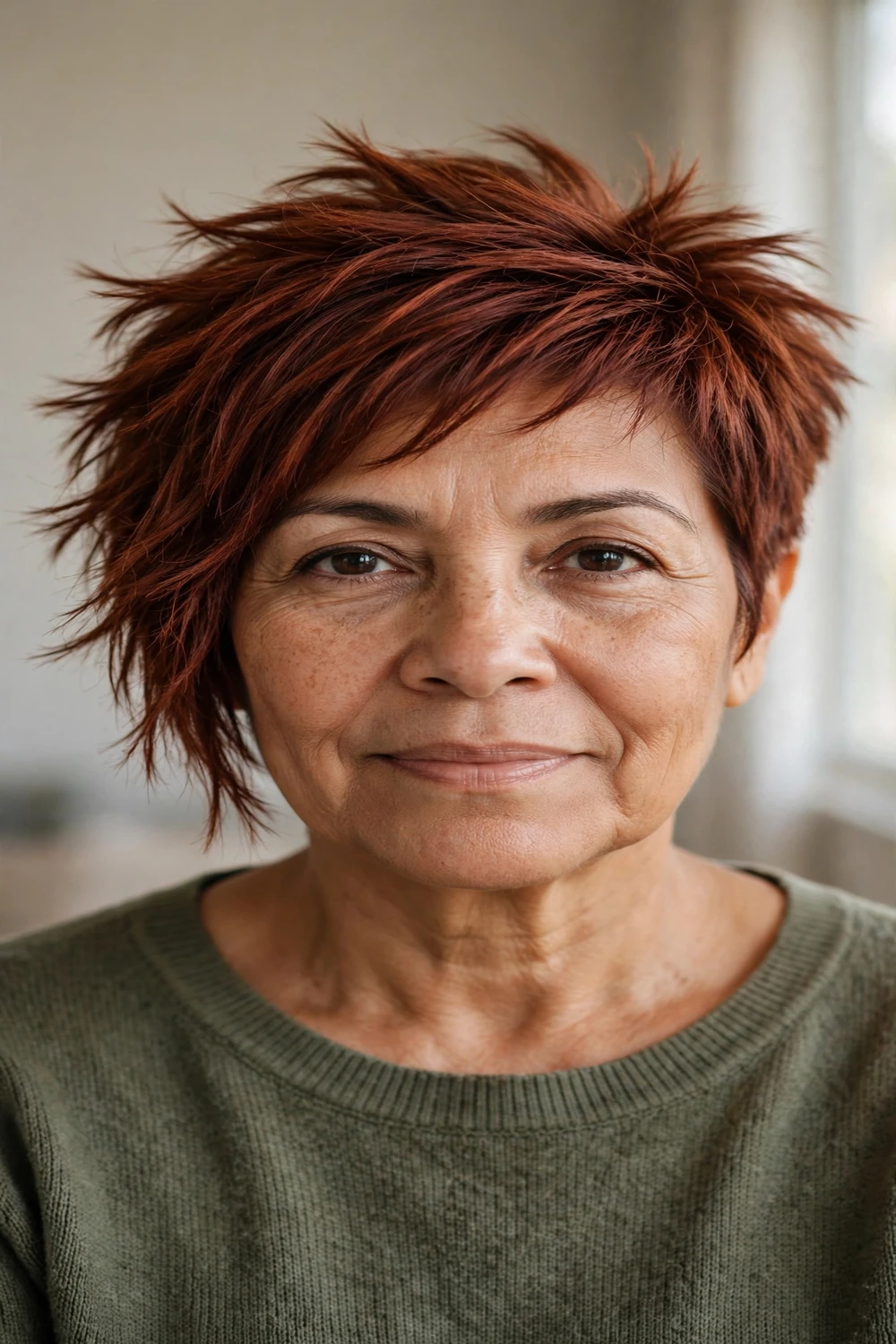 Asymmetric spiky pixie haircut on a woman over 50 with auburn hair