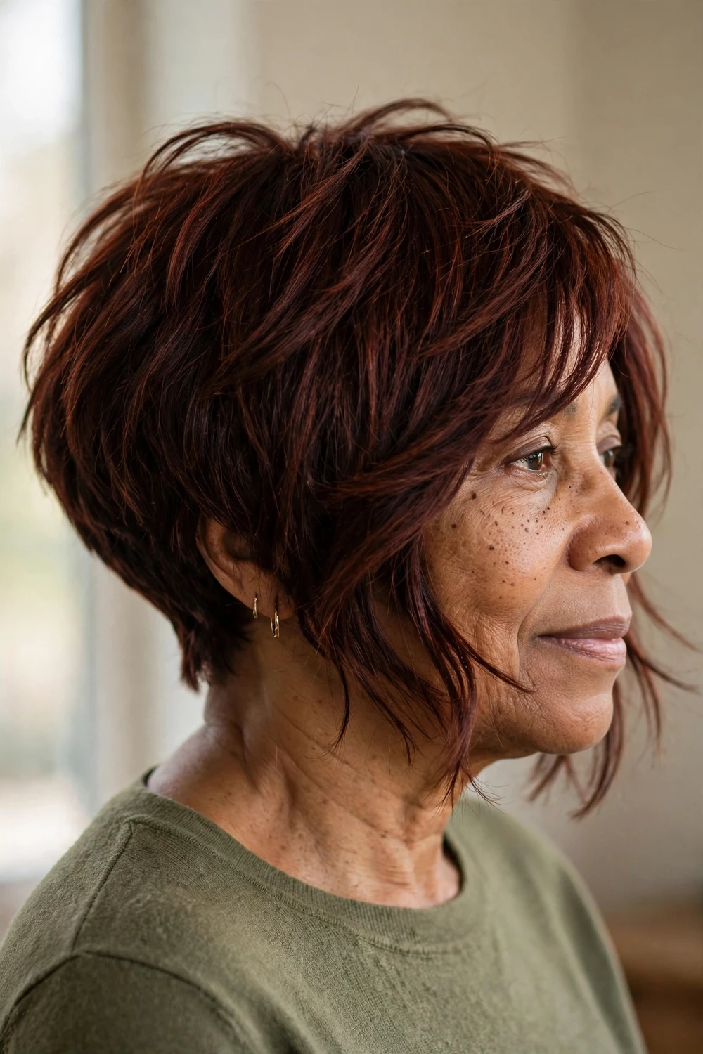 Asymmetrical inverted bob with choppy layers on a woman over 50