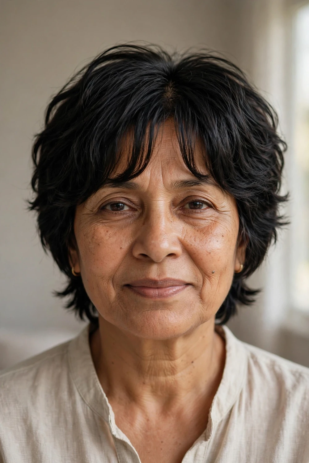 Bixie haircut with curtain bangs on a woman over 50