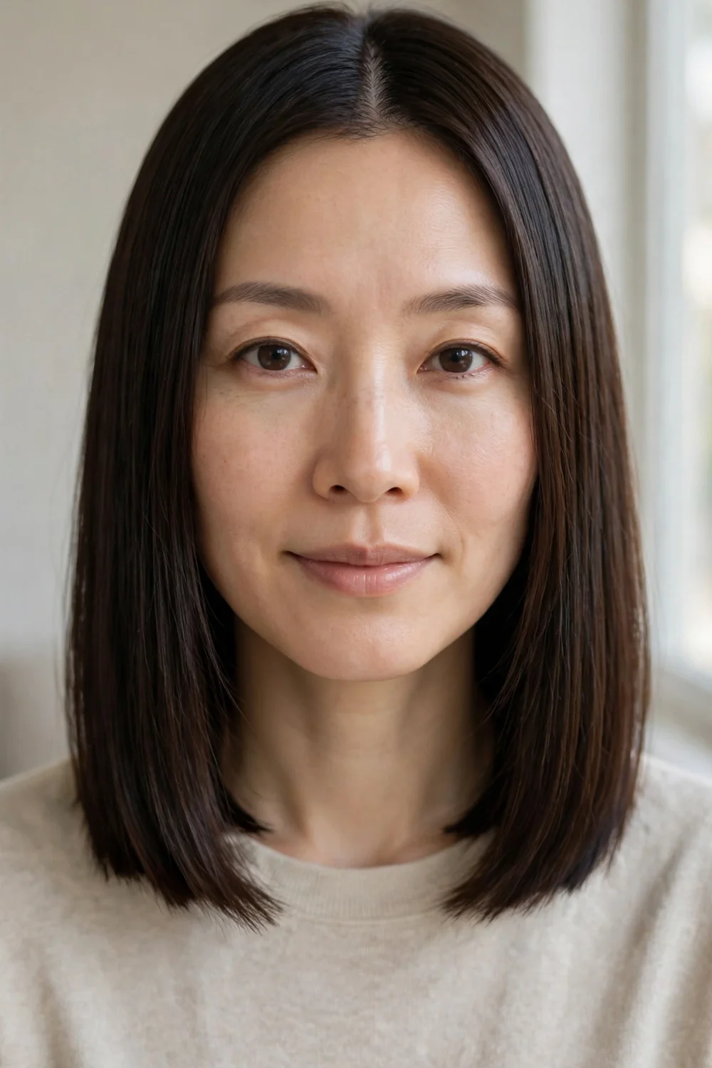 Blunt lob with a center part at collarbone length on a woman