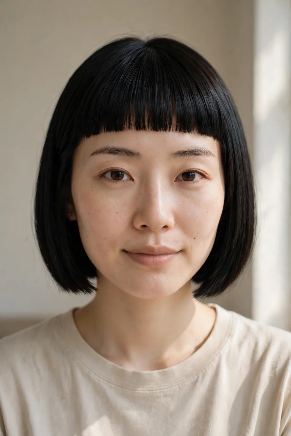 Blunt micro fringe bob with a heavy fringe above the brows