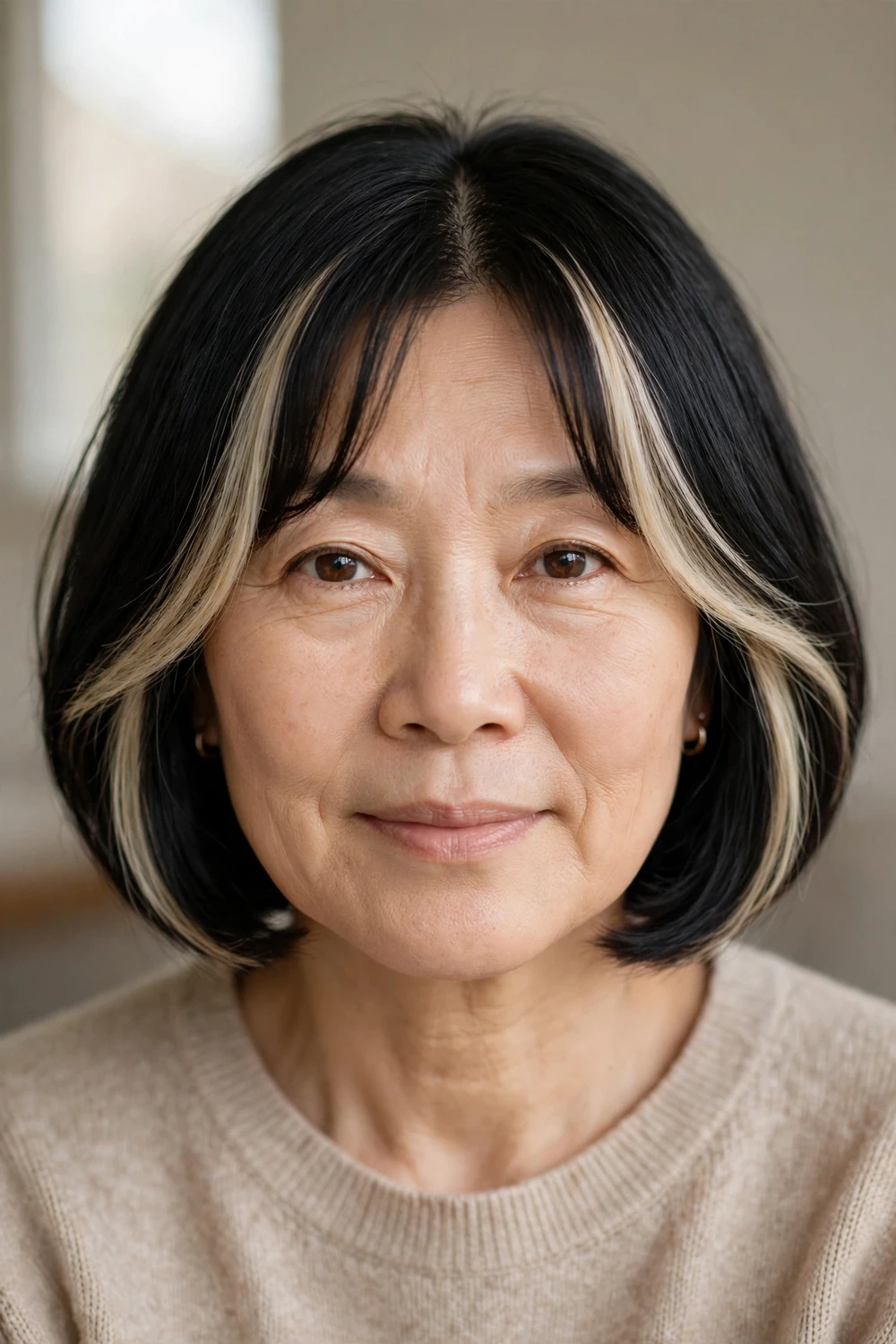 Chin-length bob with curtain bangs on a woman over 50