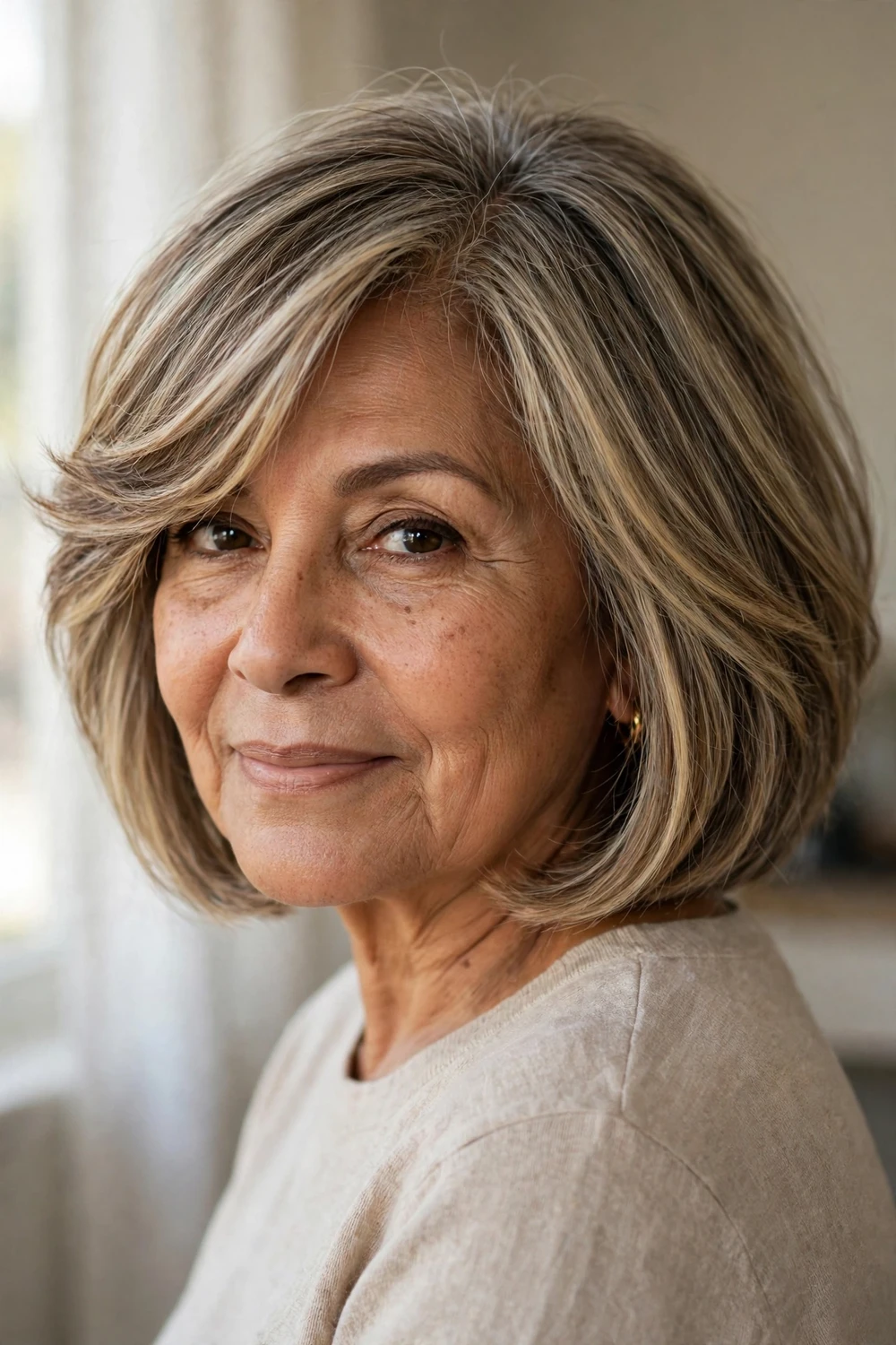 Bob with long side bangs for thinning hair on a woman over 50