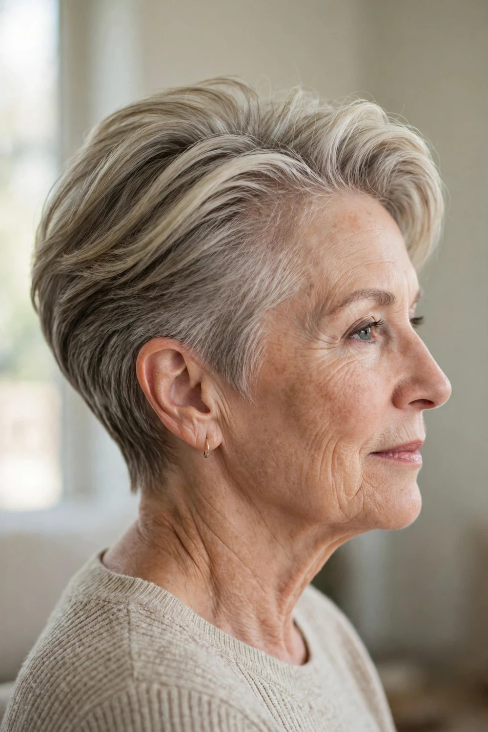 Brushed-back bixie with volume on top on a woman over 50