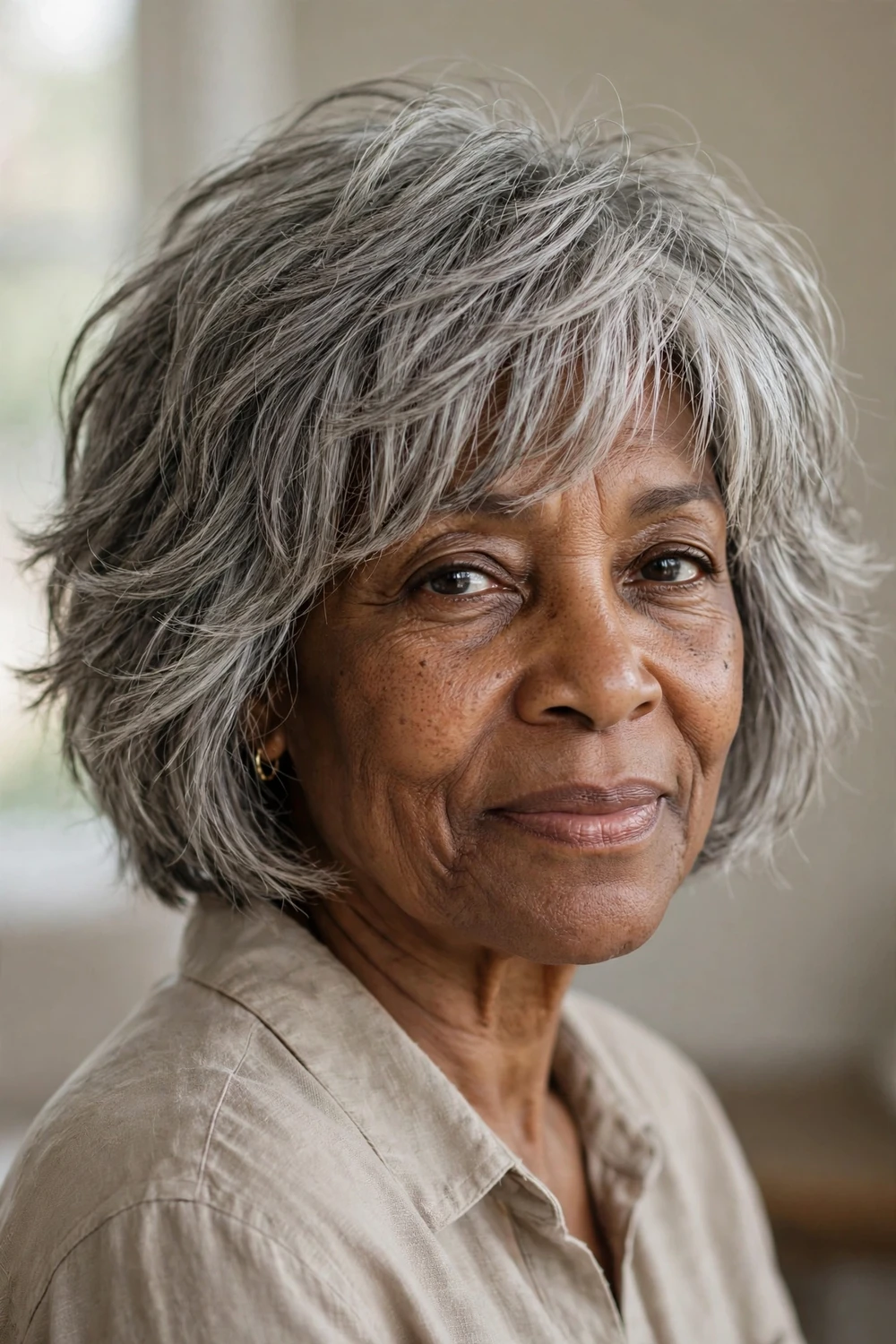 Chin-length shag with separated layers on a woman over 50