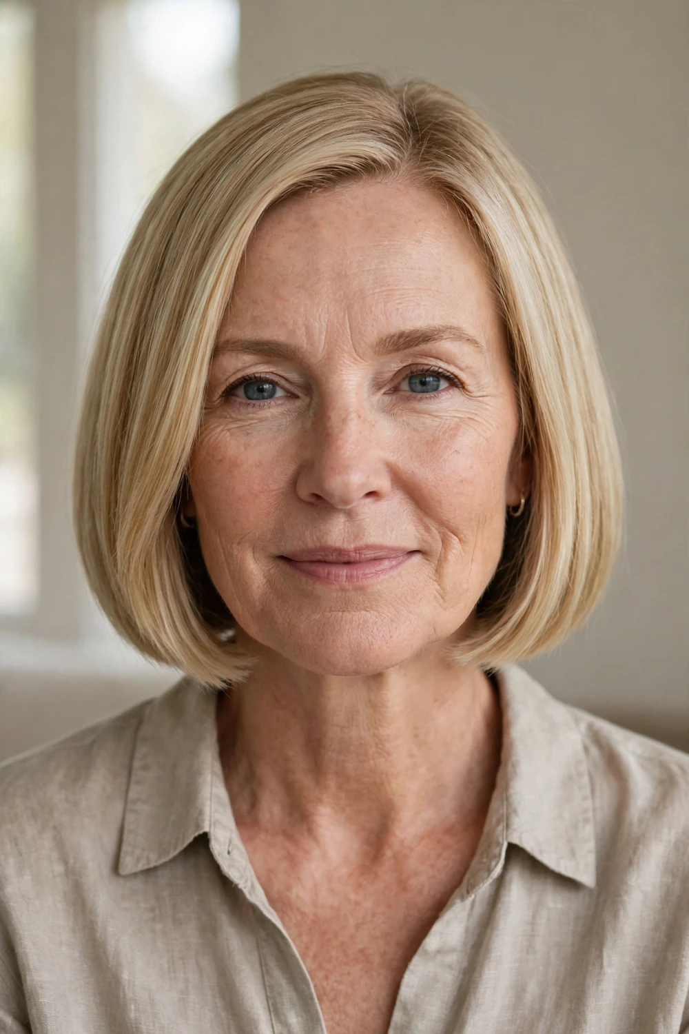 Classic chin-length bob framing the face of a woman over 50