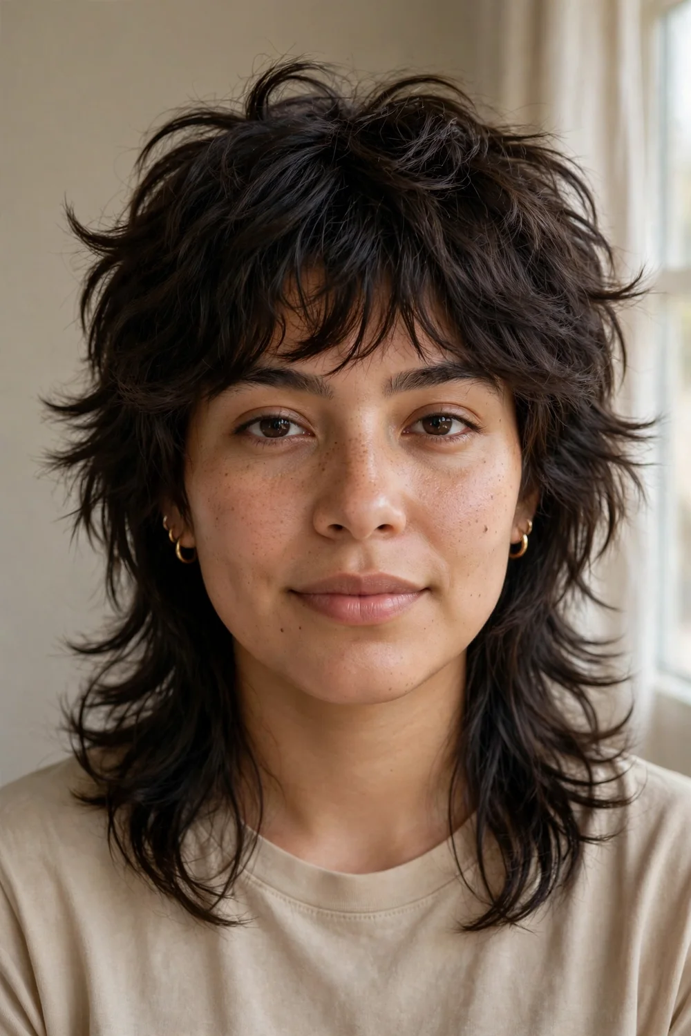 Collarbone-length wolf cut with shaggy crown layers and feathered ends